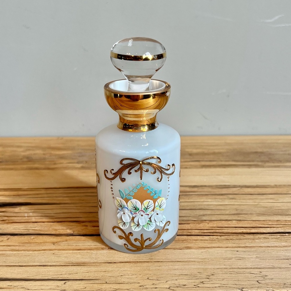 Vintage Hand Painted Bohemian Czech Art Glass Perfume/Vanity Bottle (Empty)